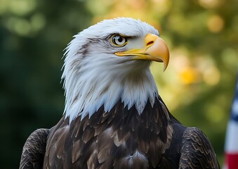 Obraz premium A regal bald eagle poses against a blurred background of nature