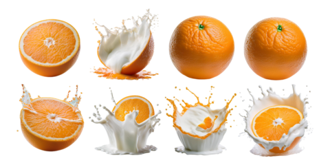 Fresh Oranges with Splashes of Milk, PNG set collection, isolated on transparent background