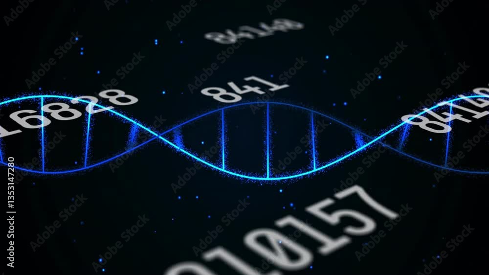 Poster processing scientific data, dna strand and binary coding in animation display