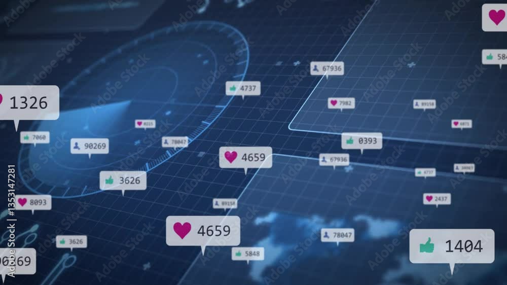 Aufkleber animation of social media icons over digital world map with data visualization