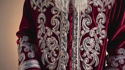 Ornate red velvet robe with silver embroidery: intricate design closeup - Powered by Adobe
