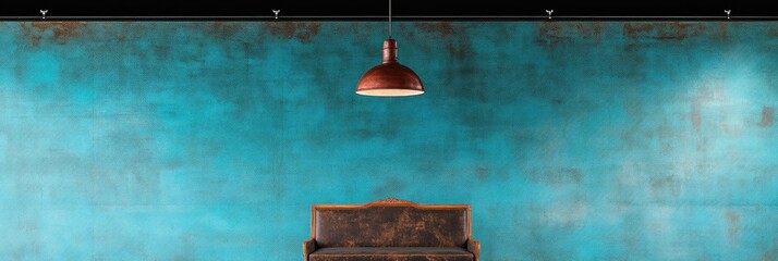 Teal Painted Wall with Vintage Sofa and Pendant Light