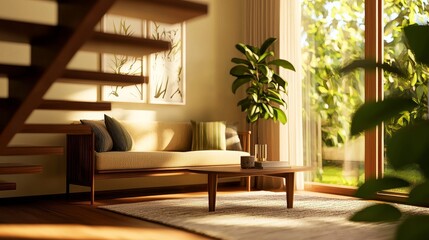 Fototapeta premium Small modern house interior, minimalist decor, floating wooden staircase, cozy seating area with warm lighting, light beige walls, soft textures, tranquil setting