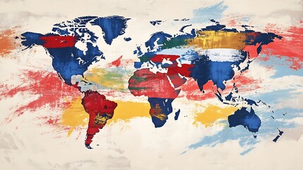 An Abstract and Colorful World Map Painting on a Canvas