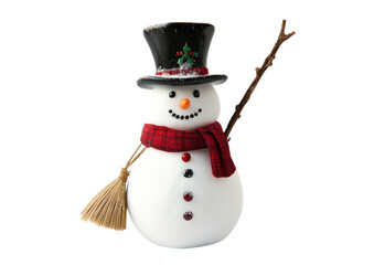 Fototapeta premium Festive Snowman Holding a Broom with a Friendly Smile. Isolated on a Transparent Background
