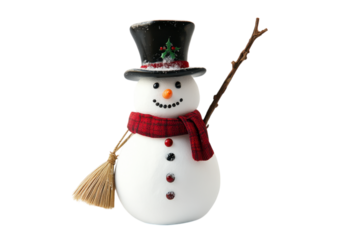 Festive Snowman Holding a Broom with a Friendly Smile. Isolated on a Transparent Background