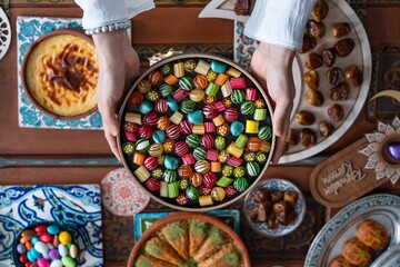 Ramadan Month Celebration Table. Muslim Family Having İftar At Home. Colorful Candies, Desserts and Chocolate, Ramadan Kareem Concept Photo, Uskudar Istanbul, Turkiye (Turkey)
