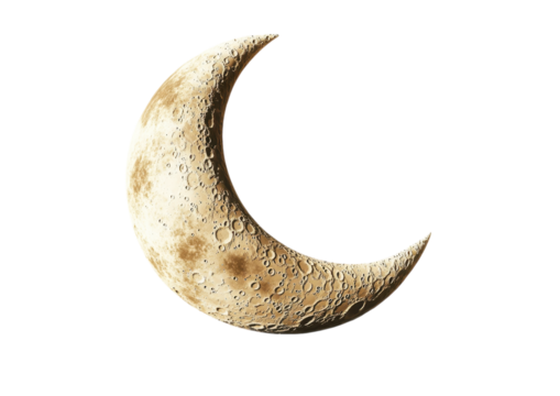 Rustic Gold Crescent Moon with a Vintage and Aged Look. Isolated on a Transparent Background
