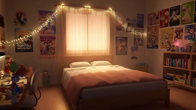 Japanese style bedroom at night, anime style. seamless looping 4k video background animation