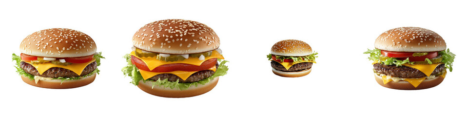 Four burgers of varying sizes with sesame buns, cheese, lettuce, tomato and pickles