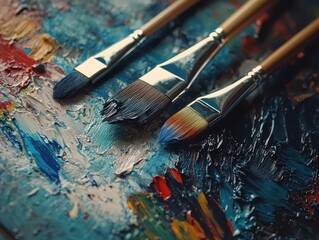 Fototapeta premium An artist's palette with brushes, covered with vibrant and colorful oil paints. Ready for a new masterpiece to be created!