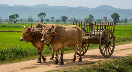 Traditional bullock carts Two majestic oxen harnessed to a wooden cart traverse a serene dirt path, surrounded by lush green fields, with towering mountains in the distance