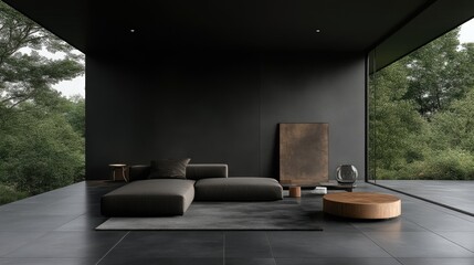 Fototapeta premium Minimalist living room with a dark grey sectional sofa and wooden coffee table features large windows overlooking a green forest.