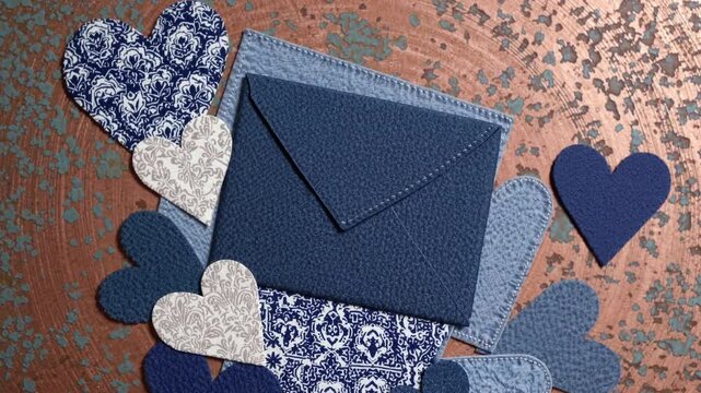 Elegant composition of textured envelopes and hearts on rustic background
