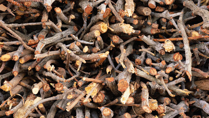Arrangement of small pieces of wood into piles for winter firewood and use as fuel in the home. Textured Background.