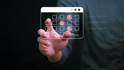 Businessmen manage time for efficient work, emphasizing appointment reminders and meeting agendas on the calendar, time management concepts, and action plans.