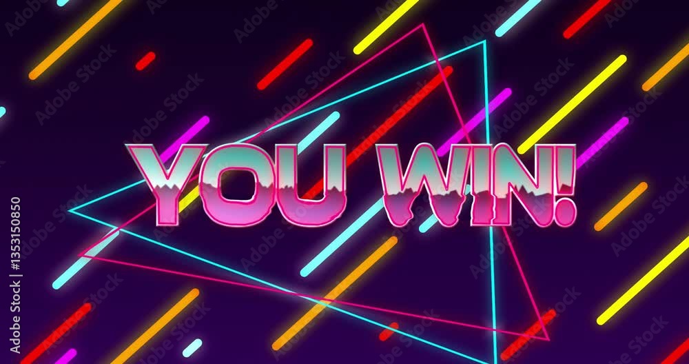 Poster animation of neon you win! text with colorful diagonal lines and shapes