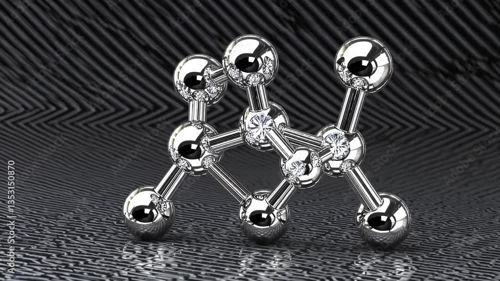 Poster metallic molecule spins seamlessly on reflective surface for futuristic visual display
