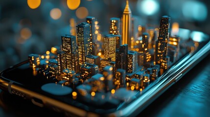 Miniature city built on a smartphone. The skyscrapers are lit with tiny lights, creating a vibrant nighttime cityscape.