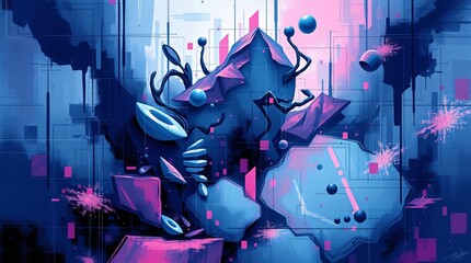Fototapeta premium Abstract Glitched World Digital Painting with Organic and Geometric Shapes in Deep Blues, Purples, and Pinks