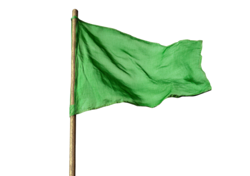 Stylish Green Flag on a Wooden Stick with a Fabric Texture. Isolated on a Transparent Background