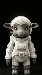 The image depicts an adorable anthropomorphic lamb dressed in a futuristic astronaut suit. The lamb has soft, fluffy wool and striking orange eyes that stand out against its gray fur. The astronaut su