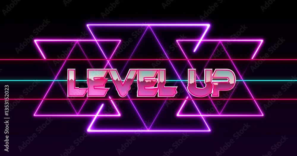 Poster level up text animation over neon triangles on black background