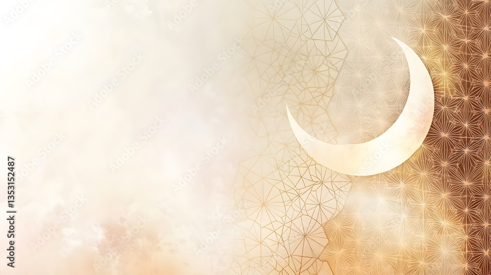 Poster ethereal celestial background featuring a crescent moon and intricate geometric patterns in soft hue