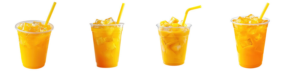 Rows of iced orange drinks in clear cups featuring yellow straws and ice cubes or fruit pieces