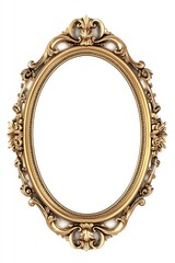 An ornate gold colored oval decorative frame on white background