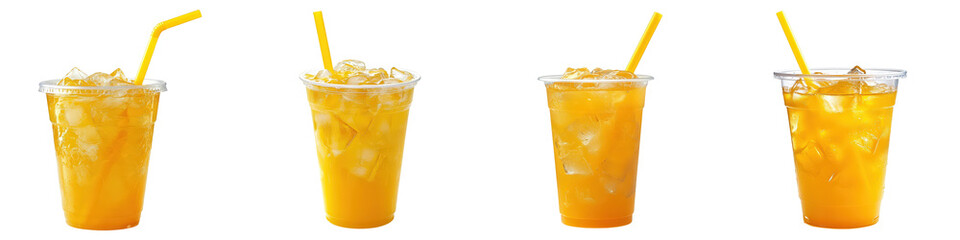 Four orange drinks with ice yellow straws in clear plastic cups