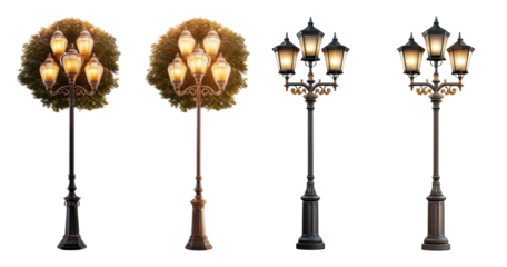 Variety of Vintage Street Lamps with Glowing Lanterns and Trees, PNG bundle collection, Isolated on Transparent Background