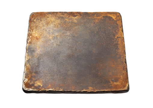 Square Rusty Metal Plate with a Rough Corroded Surface. Isolated on a Transparent Background