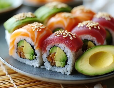 Freshly made sushi rolls with colorful fillings.  A variety of rolls are arranged on a gray plate with slices of avocado
