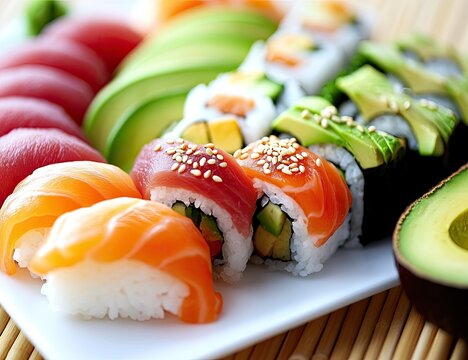 Assorted sushi platter featuring tuna, salmon, avocado, and various rolls.  Fresh, colorful, and delicious assortment of Japanese cuisine