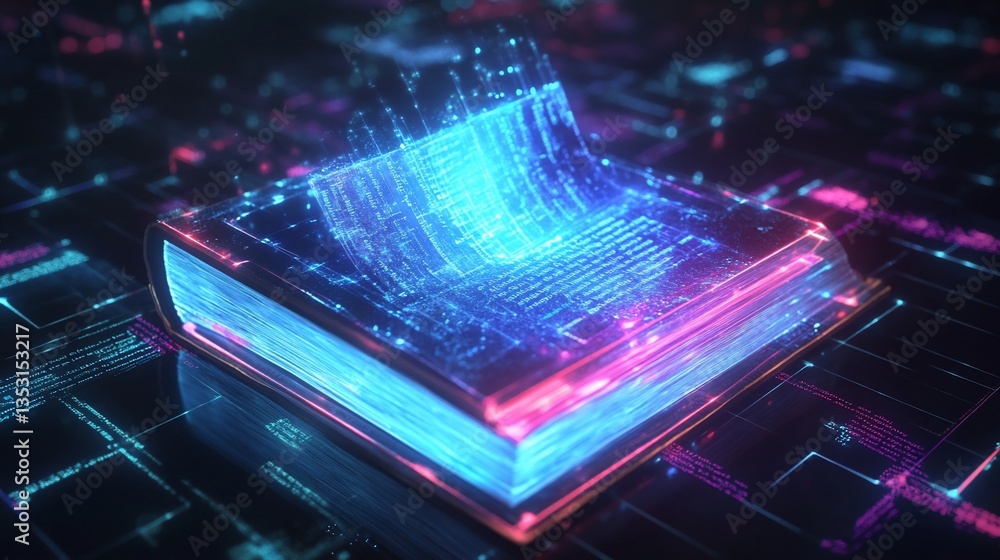 Poster futuristic glowing digital book with data streams and technological theme