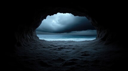 Dark cave opening to stormy sea