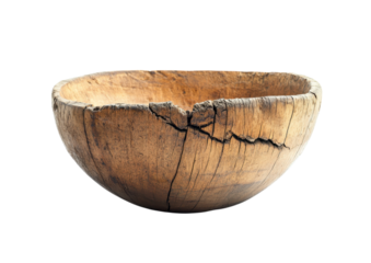 Rustic Wooden Bowl with Deep Natural Cracks. Isolated on a Transparent Background