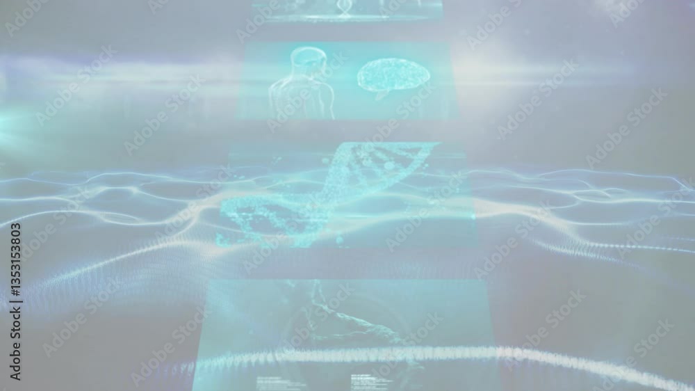 Poster digital brain and dna strand animation over abstract blue wave patterns
