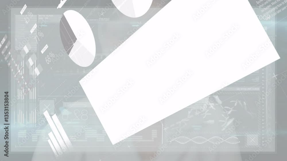 Poster futuristic data interface with dna strand and geometric shapes overlay animation