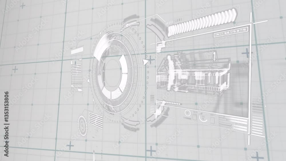 Poster animation of futuristic digital interface with gears and blueprint in school setting