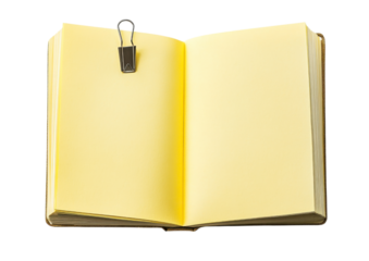 Open Yellow Notebook with a Paper Clip Holding Pages. Isolated on a Transparent Background