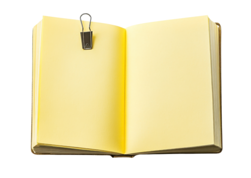Open Yellow Notebook with a Paper Clip Holding Pages. Isolated on a Transparent Background