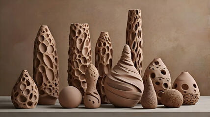 Abstract clay sculptures arranged in a delicate balance, showcasing a blend of earthy textures and organic shapes.
