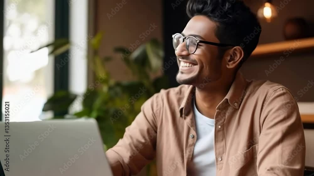 Poster a man smiling while using a laptop, captured from a side angle. the cozy setting suggests a casual v