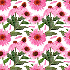Obraz premium A Beautiful Vibrant Pink Flower Pattern Surrounded by Lush Green Leaves All Around