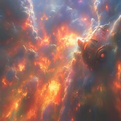 Spaceship navigating fiery nebula, cosmic exploration