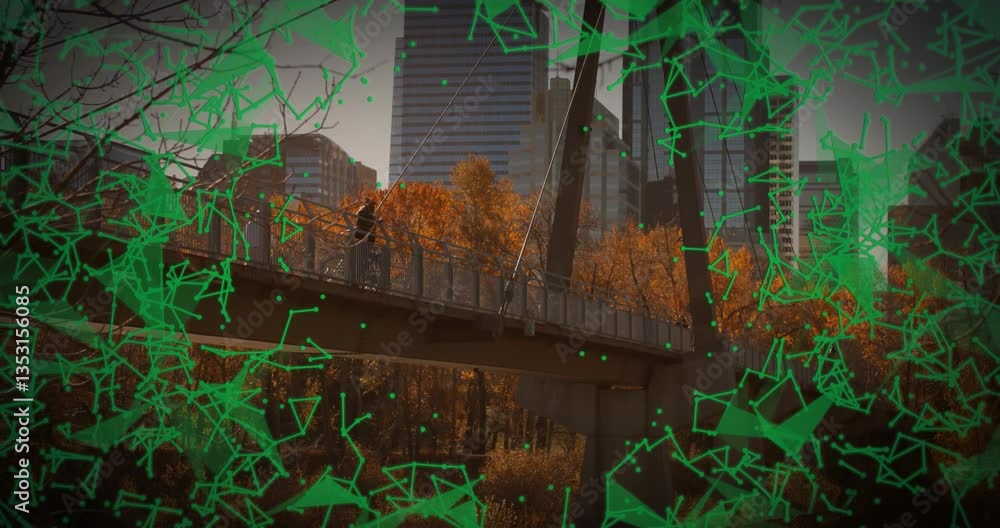 Poster autumn trees with green geometric animation overlay under bridge in scenic view