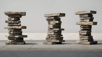 A series of cracked, weathered stone-like structures stacked harmoniously, creating a minimalist yet striking modern art installation