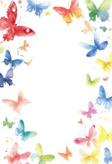 Watercolor Butterflies In Different Colors Hovering Across a White Background